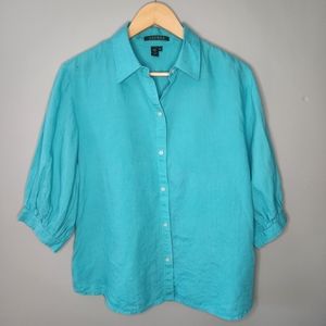 Lauren Ralph Lauren Button Up Linen Shirt Women Teal Blue Pleated Short Slv XL